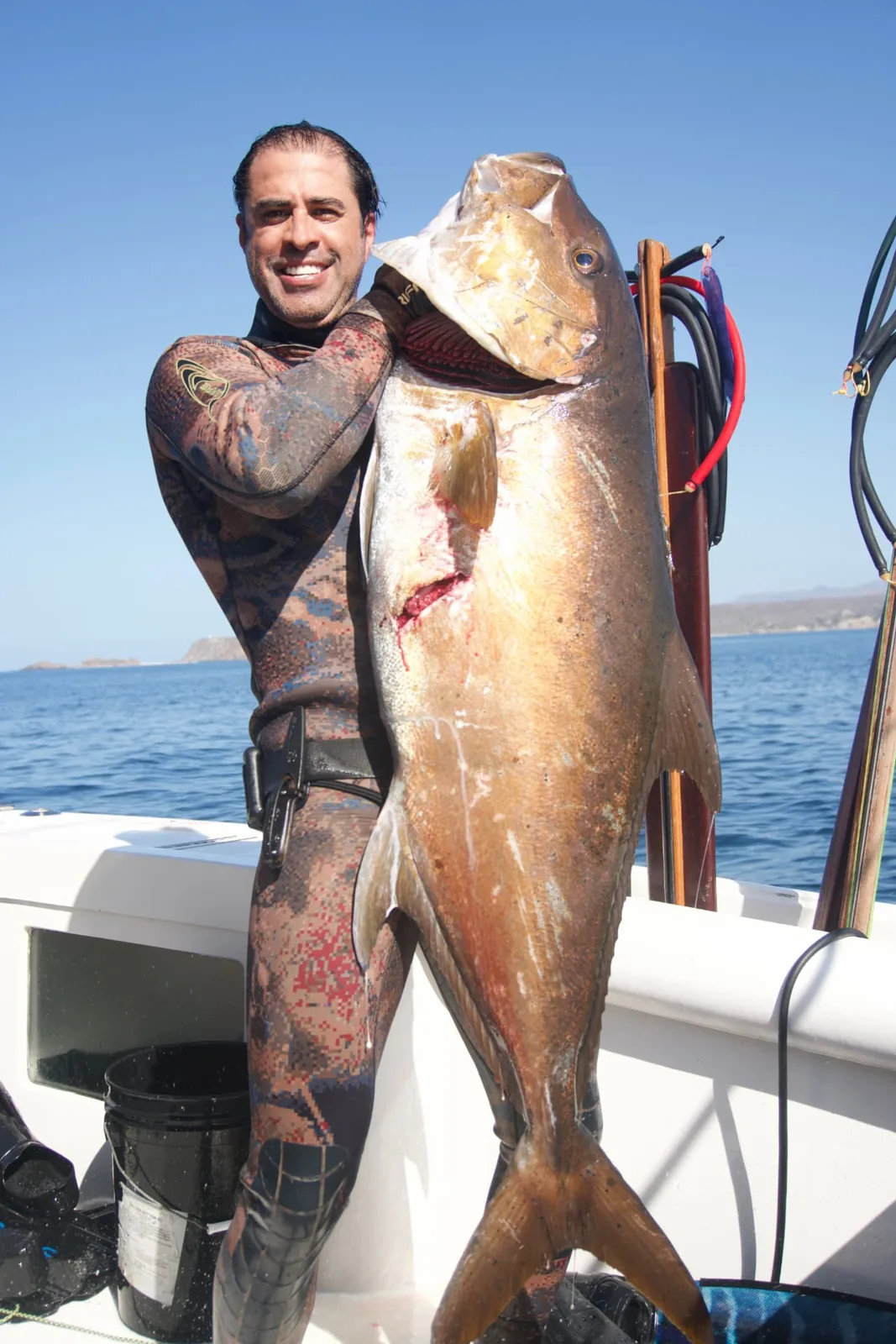 Spearo in camo wetsuit holding a giant yellowfin tuna aboard the boat